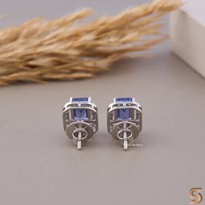 Boucles d'oreilles halo en or massif 14 carats avec CZ bleu taille émeraude, fermoir à vis, bijoux élégants et scintillants pour le quotidien et les occasions spéciales - Product Image 6