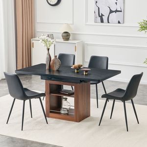 Set da Pranzo Espandibile 59-71 Pollici con 4 Sedie Curve in PU Artificiale Nero, Set da Sala da Pranzo Allargato - Product Image 1