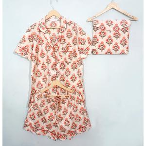 Ensemble de pyjama pour femmes en coton 100% à imprimé floral de luxe, doux et respirant, manches courtes, pour la maison et l'hôtel - Product Image 4