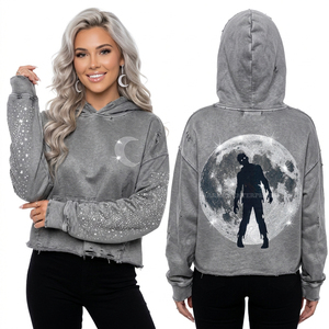 Sudadera con Capucha Morada Oscura Estilo Techwear para Mujer, con Estampado de Pantalla de Monitor Rota, Diseño de Zombie y Código Matricial, con Mangas con Gráficos y Efecto Desgastado - Product Image 3