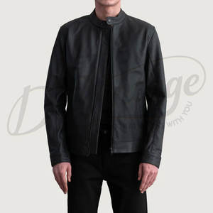 Chaqueta de Cuero Genuino Negra Premium para Hombre, Cuello Alto Minimalista, Corte Ajustado, Estilo Motero, Abrigo Casual - Product Image 1