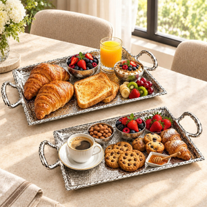 Juego de bandejas de aluminio con acabado plateado distintivo, bandejas martilladas con asas |   Bandeja de Servicio de Lujo para Mesa de Comedor, Decorativa - Product Image 3