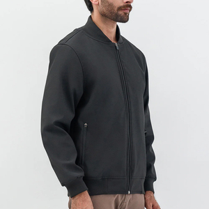 Men's Black Bomber <b>Jacket</b> Polyester Shell Zipper Closure Stand Collar Casual Autumn Wear Regular Fit Windproof <b>Fleece</b> <b>Lining</b> - Product Image 2