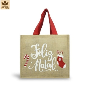 Sac cadeau de Noël personnalisé en jute, sac fourre-tout en toile de jute naturelle laminée avec impression de logo, vente en gros, OEM, marque privée, emballage cadeau en vrac - Product Image 2
