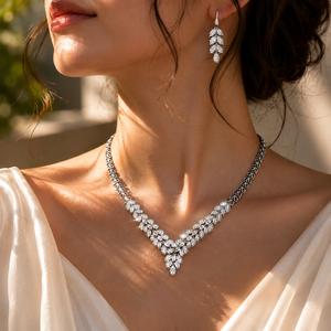 Luxury Engagement Bridal Jewelry Set 14k White Gold Plated Marquise Cut Diamond <b>Statement</b> <b>Necklace</b> and Earrings for Women - Product Image 5