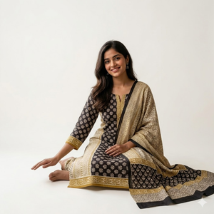 Traje Punjabi Ecológico Beige y Negro con Estampado Floral |   Conjunto de Kurti y Pijama de Algodón Hecho a Mano con Estampado de Bloques y Borde Decorativo |   Maestro de Sarong Indio - Product Image 6