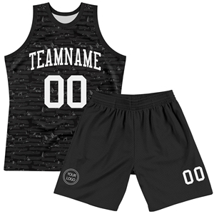 Tenues de basketball personnalisées respirantes, impression par sublimation intégrale, ensembles d'uniformes d'équipe noir et blanc, 100 % polyester, prix abordable - Product Image 1