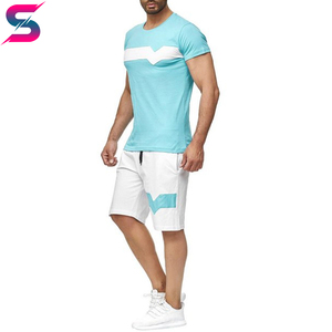 Conjunto de Camiseta y Pantalones Cortos de Verano para Hombre, Cómodo, Casual, Cuello Redondo, Bloques de Color Azul Claro y Blanco, Tejido Transpirable - Product Image 4