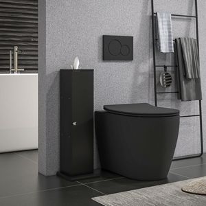 Pequeño gabinete de esquina de baño negro con puertas y estantes para almacenar papel higiénico y champú - Product Image 2
