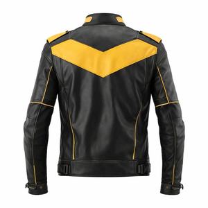 Mens Yellow Black PU Leather Moto <b>Biker</b> <b>Jacket</b> Stand Collar Zipper Closure Windproof Slim Fit Regular Sleeve Solid Color - Product Image 6