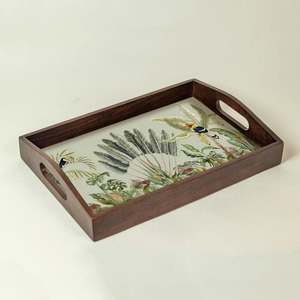 Bandeja de madera con estampado de selva tropical y tucán, bandeja decorativa rectangular con acabado antiguo para pedidos al por mayor. - Product Image 1