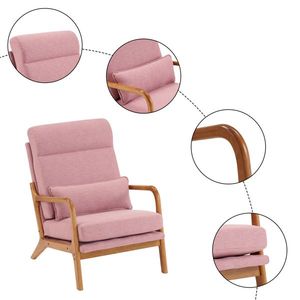 Solid Wood High Back Armrest & <b>Backrest</b> Chair with Iron Frame Linen Indoor Leisure Chair in Pink for Living Room - Product Image 3