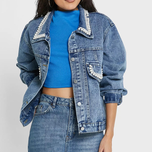 Chaqueta vaquera de algodón suave y cómoda para mujer con doble solapa y bolsillos de parche, logotipo personalizado, precio mayorista - Product Image 2