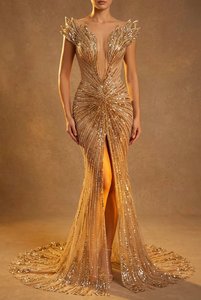 Wholesale Sparkling Beaded Mermaid Formal Dress Deep V Sexy Long Evening Gown For Wedding Party Celebrity Style Factory - Product Image 4