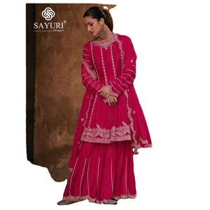 Traje Sharara de Seda Chinon con Bordado Pesado y Lentejuelas de Última Moda de Fab Zone, Traje Étnico Pakistaní para Festivales, Sari Salwar Indio - Product Image 1