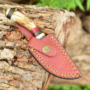 Cuchillo de desollar de acero de Damasco hecho a mano con hoja de punta caída y mango de cuerno y madera, cuchillo de camping para hombre - Personalizable ODM/OEM/OBM - Product Image 6