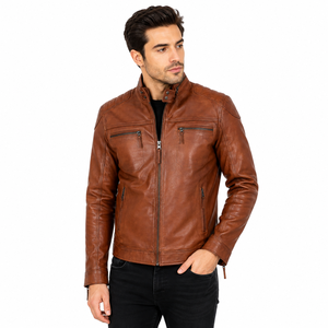 Men's Brown Sheep <b>Leather</b> Canvas Waterproof Moto <b>Jacket</b> Slim Fit Zipper Closure Mandarin Collar Regular Sleeve <b>Winter</b> Style 100% - Product Image 1