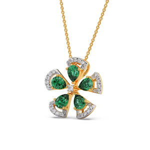 Collier pendentif fleur en or 18 carats de luxe avec pierres vertes taille émeraude et accents de diamants ronds pour femmes - Product Image 1