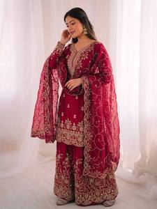 Ensemble indien pakistanais brodé, Anarkali Kurta à manches longues, Palazzo, Dupatta, tenue de soirée formelle - Product Image 3