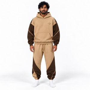 Custom Heavyweight French Terry Cotton Breathable Hoodie <b>Jogger</b> Set Men <b>Oversized</b> Sweatsuit Curved Piping Relaxed Streetwear Fit - Product Image 4