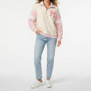 <b>Women</b> Customized Pink <b>Quarter</b> <b>Zip</b> Fleece Sweatshirt Turn Collar Regular Sleeve Casual Winter Wear Front Logo Warm Comfortable - Product Image 3