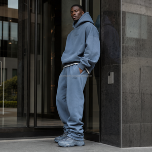 Ensemble deux pièces à épaules tombantes avec logo brodé personnalisé, en tissu polaire thermique, poche kangourou, poignets côtelés, vêtements de sport en gros - Product Image 2