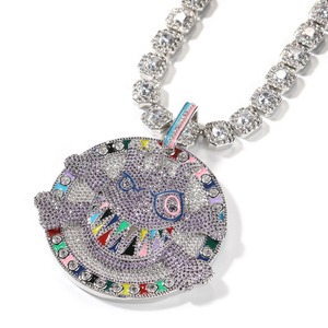 BES Colgante de Moissanita de Forma Redonda Adorable, Collar con Placa de Diseño de Dibujos Animados a Color, Joyería Hip Hop de Gran Tamaño para Raperos - Product Image 4