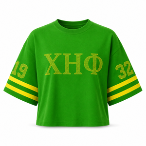 Camiseta Personalizada con Pedrería para Mujer, Verde y Amarillo, con Letras Griegas Brillantes 1932, Top Corto Oversize con Mangas a Rayas, Venta al Por Mayor - Product Image 1