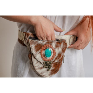 Luxury Bohemian Women's Leather Waist Bag With Animal Print Beaded Turquoise Decoration Button Closure Fanny Pack - Product Image 2