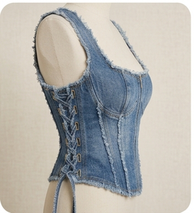 Denim Corset Crop <b>Top</b> Sleeveless Square Neck Bodycon Fitted Frayed Edges Washed Casual Summer Wear - Product Image 5
