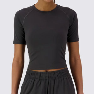Women Padded Exercise Gym Crop <b>Top</b> T-Shirt Best Selling Summer Fit Yoga Shirt Solid Color <b>Sweat</b> Wicking Sports T-Shirt - Product Image 1