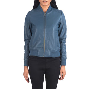 Chaqueta Bomber de Cuero Genuino Azul Cielo para Mujer, con Ribete de Punto Acanalado, Otoño Invierno, Logotipo, Casual, Lujo, Fabricante OEM ODM al por Mayor - Product Image 4