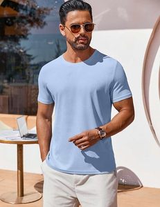 Camiseta de Manga Corta para Hombre, Cuello Redondo, Ajustada, Color Azul Claro, Tejido Transpirable, Estilo Casual, Color Sólido - Product Image 2