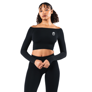 Haut court noir extensible sans coutures à épaules dénudées et manches longues pour femme, idéal pour la gym, le yoga, l'entraînement, le fitness et les tenues athleisure - Product Image 1