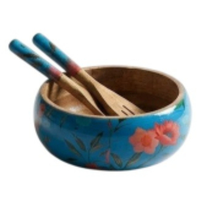 ชุดชามสลัดไม้ดีไซน์คลาสสิก พร้อมที่ตักเคลือบลายพิมพ์ ชามไม้สำหรับเสิร์ฟของว่างและพาสต้า สำหรับตกแต่งบ้าน - Product Image 4