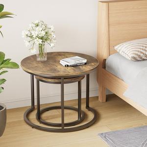 Juego de 2 mesas de centro redondas con tablero de madera rústica y patas ajustables antideslizantes para el hogar, jardín y otros lugares - Product Image 2