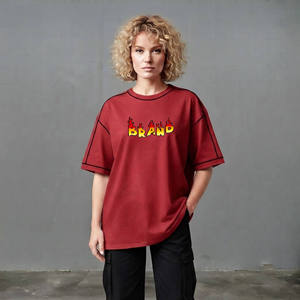 New Article Women's Oversized Red T-<b>Shirt</b> Crew Neck Short Sleeve Loose Fit <b>Flame</b> Logo Printed 100% Cotton Jersey Breathable - Product Image 4