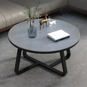 Mesa de Centro Moderna Redonda con Tapa de Imitación Mármol y Estructura de Metal Negro para Sala de Estar, Mueble para el Hogar - Product Image 6