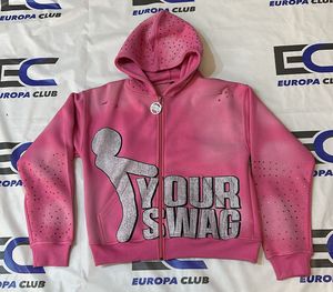 Sweat à capuche en molleton de coton style streetwear, imprimé DTF effet soleil délavé, avec tirette de fermeture éclair personnalisée et strass tendance effet vieilli - Product Image 1