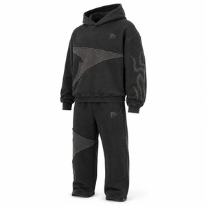 <b>Boys</b> Black Hooded Tracksuit Set Geometric Applique Design Full Length Sweatshirt And Pants Streetwear Style - Product Image 4