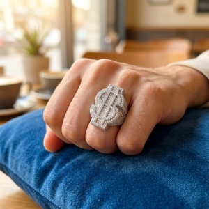 Anillo de plata de ley 925 con signo de dólar, diamantes de moissanita VVS, estilo hip hop, anillo llamativo con diseño de dinero para hombre, joyería. - Product Image 2