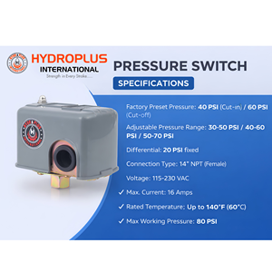 Interruptor de Presión Automático para Bomba de Agua Hydroplus International, Controlador de Presión de Alta Resistencia para Sistemas Domésticos de Presurización - Product Image 2