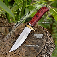 Couteau de chasse à lame fixe forgé à la main, manche en bois Pakka rouge, embout en laiton, queue de rat, avec étui, vente en gros B2B OEM