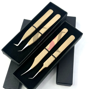 Vente en gros de pinces à épiler pour extensions de cils GETUP BROSONS IMPEX en acier inoxydable avec revêtement en poudre brun clair à 45/90 degrés, poignée diamantée - Product Image 1