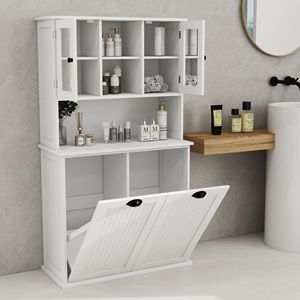Mobiletto Alto da Bagno Bianco a Due Scomparti con Cesto per Biancheria Sporca Ribaltabile e 2 Ripiani Regolabili - Product Image 5