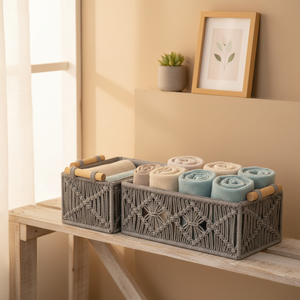 Grey Macramé <b>Storage</b> <b>Basket</b> Handmade Cotton <b>Rope</b> Woven Eco-Friendly & Stackable Home Décor Organizer for Living Room & Bedroom - Product Image 5