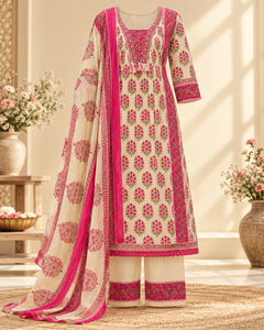 <b>Women</b> Beige Pink Printed Three Piece <b>Kurta</b> Pant Dupatta Set Traditional Indian Ethnic Wear Wholesale Manufacturer - Product Image 2