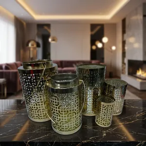 <b>Brass</b> Cylinder <b>Lantern</b> With Geometric Cutout Pattern Home Decoration Durable Outdoor Indoor Use - Product Image 4
