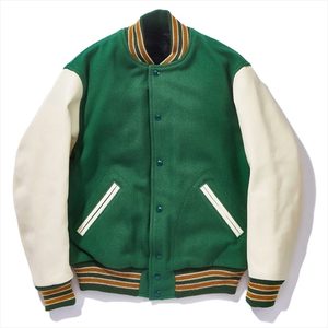 Blouson universitaire homme vert et blanc coupe droite col montant fermeture boutonnée doublure coton écologique style urbain hiver - Product Image 2