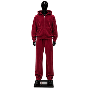 Maroon Velvet Rhinestone Tracksuit Women Zip Up Hoodie Wide Leg Pants Set Luxury Streetwear Casual Fashion Wholesale OEM Wear - Product Image 1